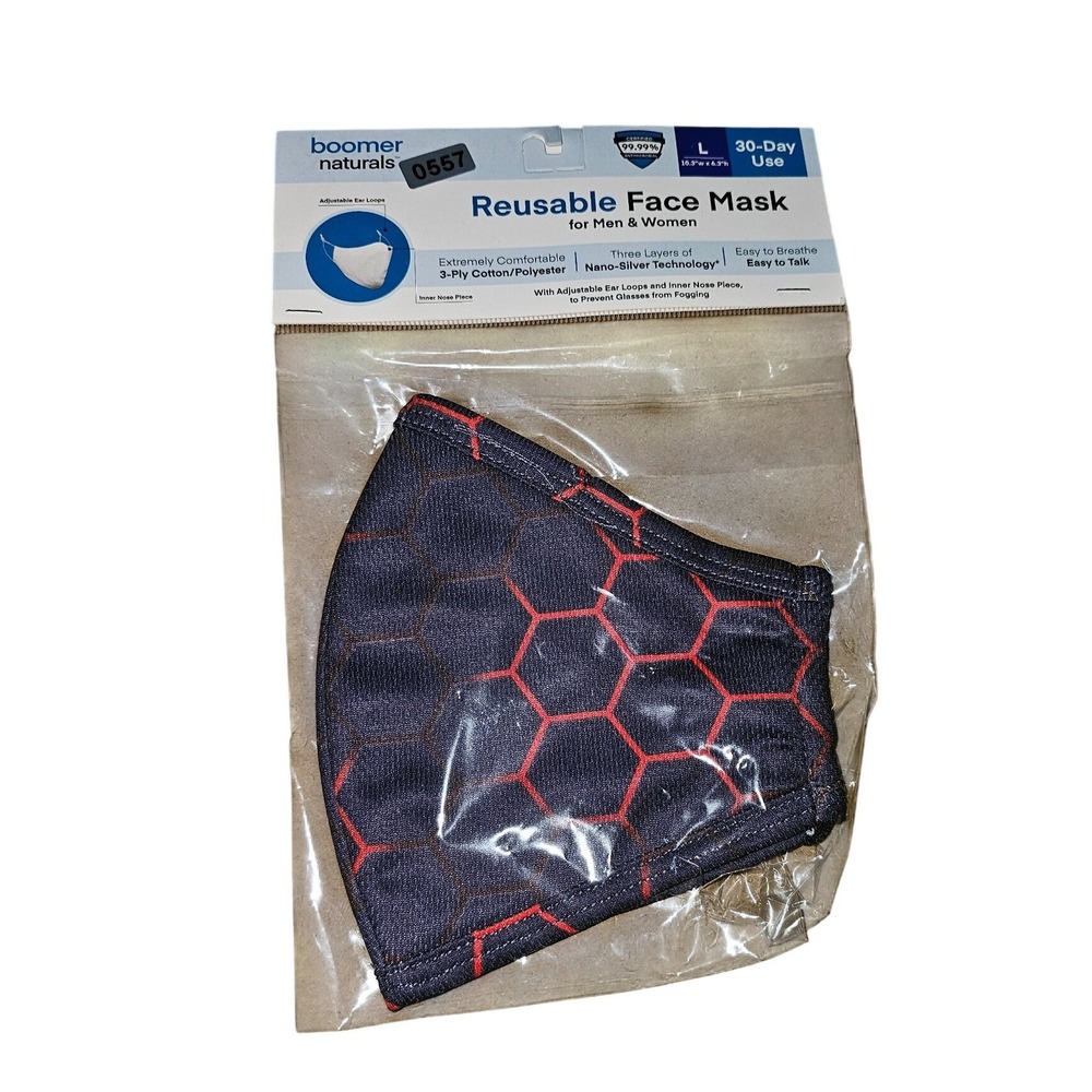 Boomer Naturals Reusable Adult Face Mask Red Nano-Silver Large 3-Ply Cotton #557
